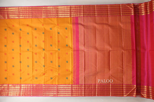 Mango Yellow with Multi Color Borders Vintage Kanjivaram Silk Saree paloo