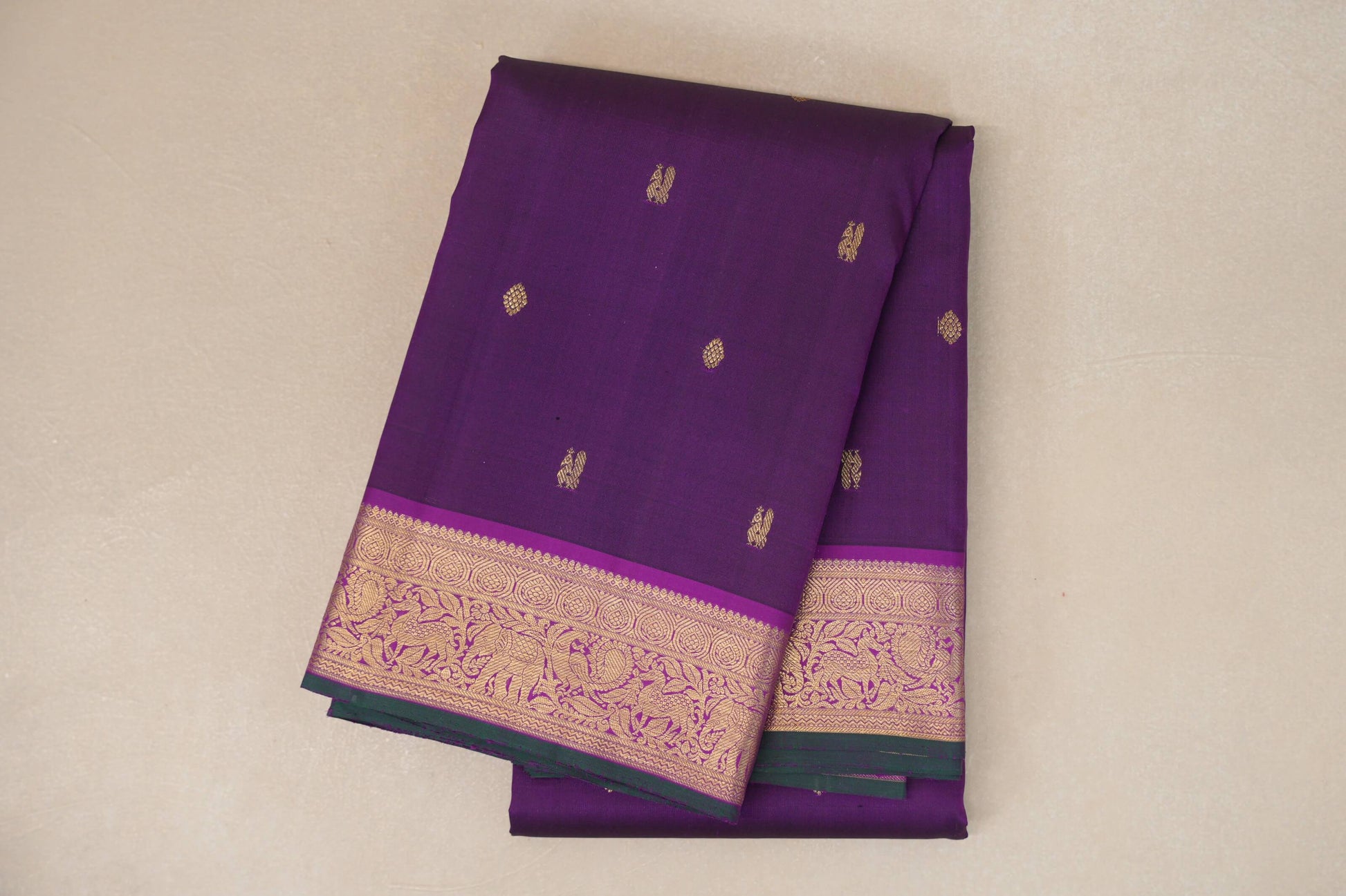 folded Royal Purple Vintage Kanjivaram Silk Saree 
