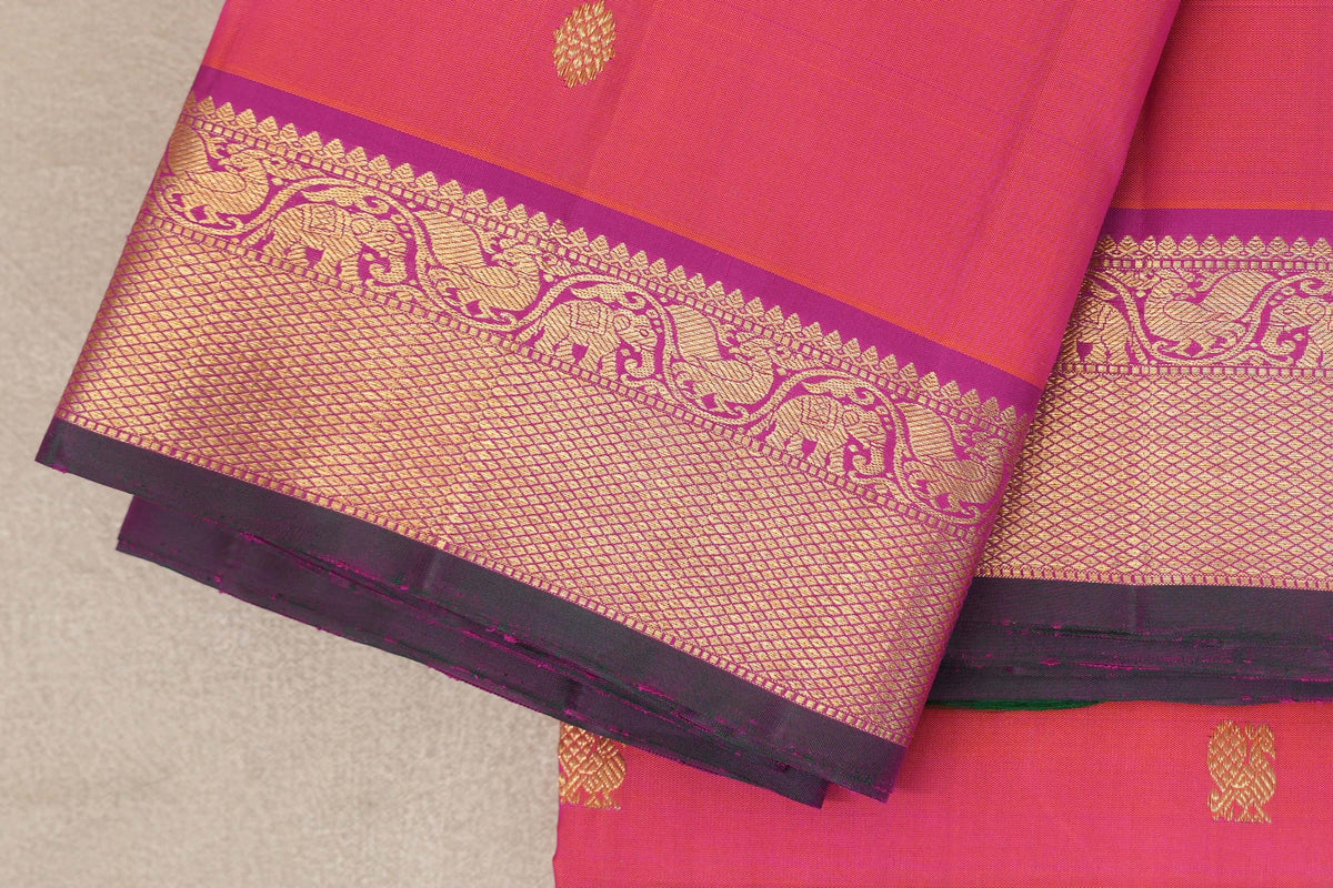 Dual Tone of Pink and Orange with Magenta and Dual Tone of Dark Green and Magenta Selvedge Vintage Kanjivaram Silk Saree by Shreenivas Silks PSSR0110095