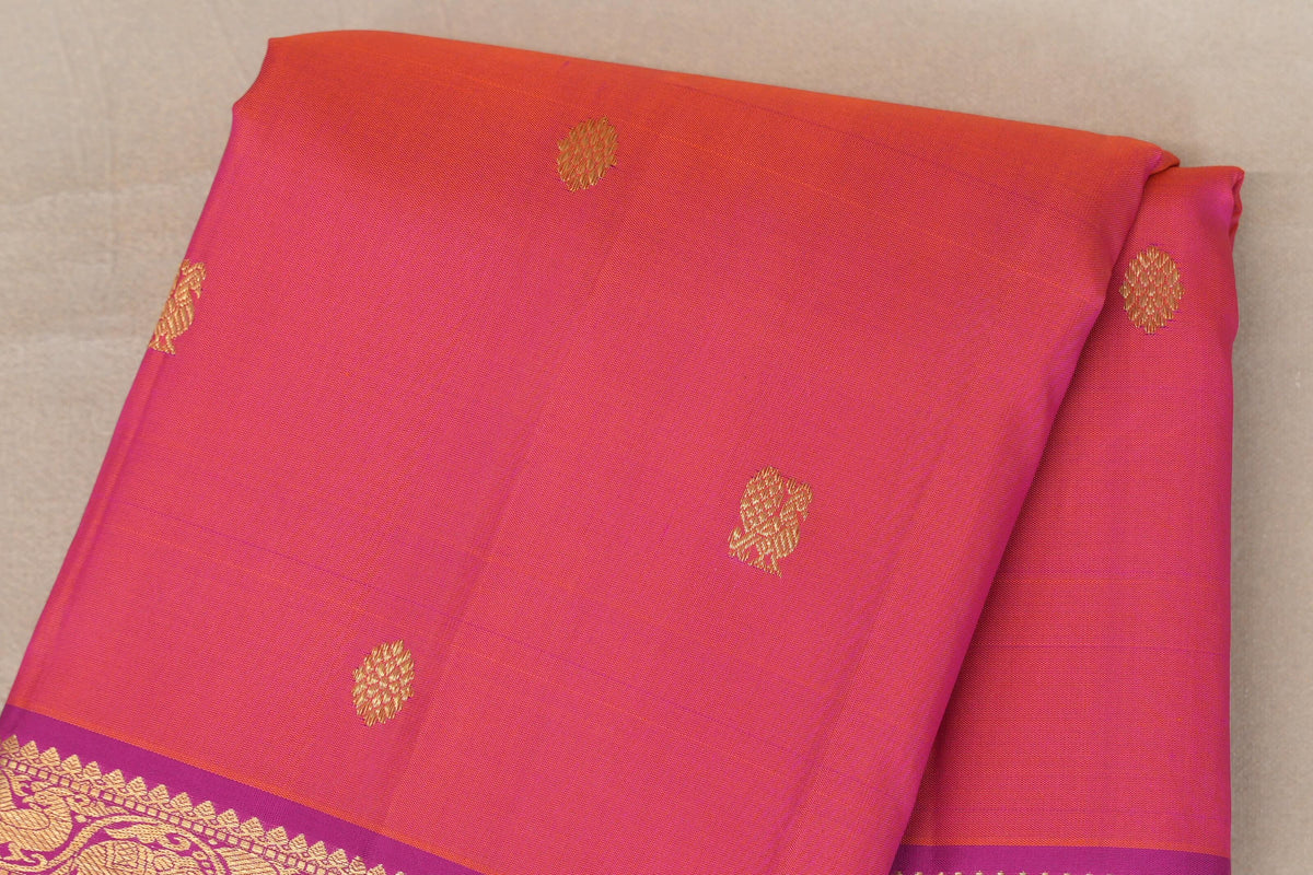 Dual Tone of Pink and Orange with Magenta and Dual Tone of Dark Green and Magenta Selvedge Vintage Kanjivaram Silk Saree by Shreenivas Silks PSSR0110095