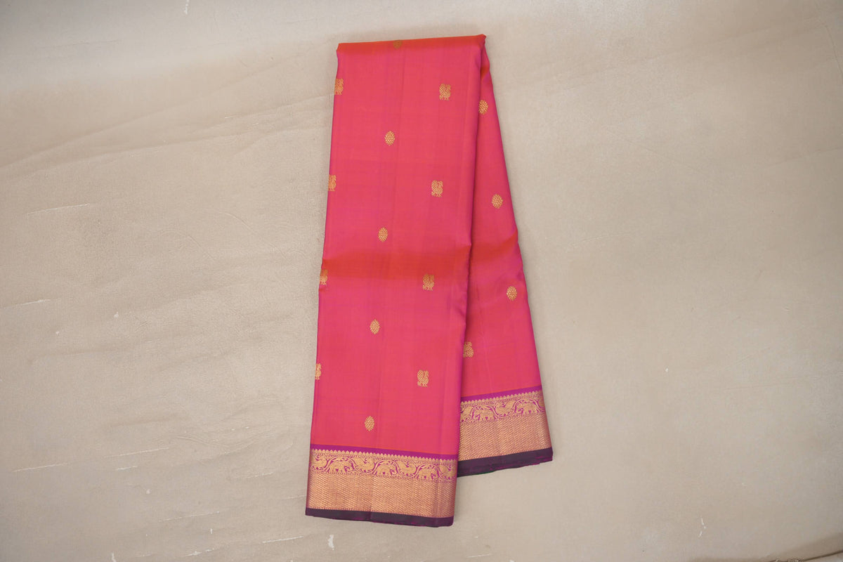 Dual Tone of Pink and Orange with Magenta and Dual Tone of Dark Green and Magenta Selvedge Vintage Kanjivaram Silk Saree by Shreenivas Silks PSSR0110095