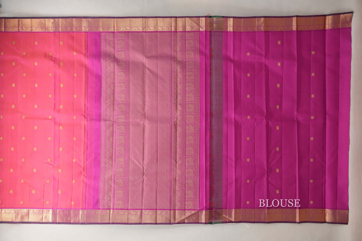 Dual Tone of Pink and Orange with Magenta and Dual Tone of Dark Green and Magenta Selvedge Vintage Kanjivaram Silk Saree by Shreenivas Silks PSSR0110095
