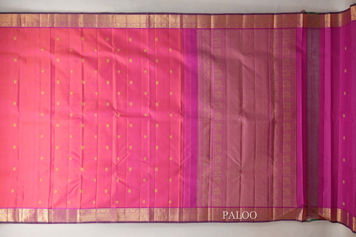 Dual Tone of Pink and Orange with Magenta and Dual Tone of Dark Green and Magenta Selvedge Vintage Kanjivaram Silk Saree by Shreenivas Silks PSSR0110095