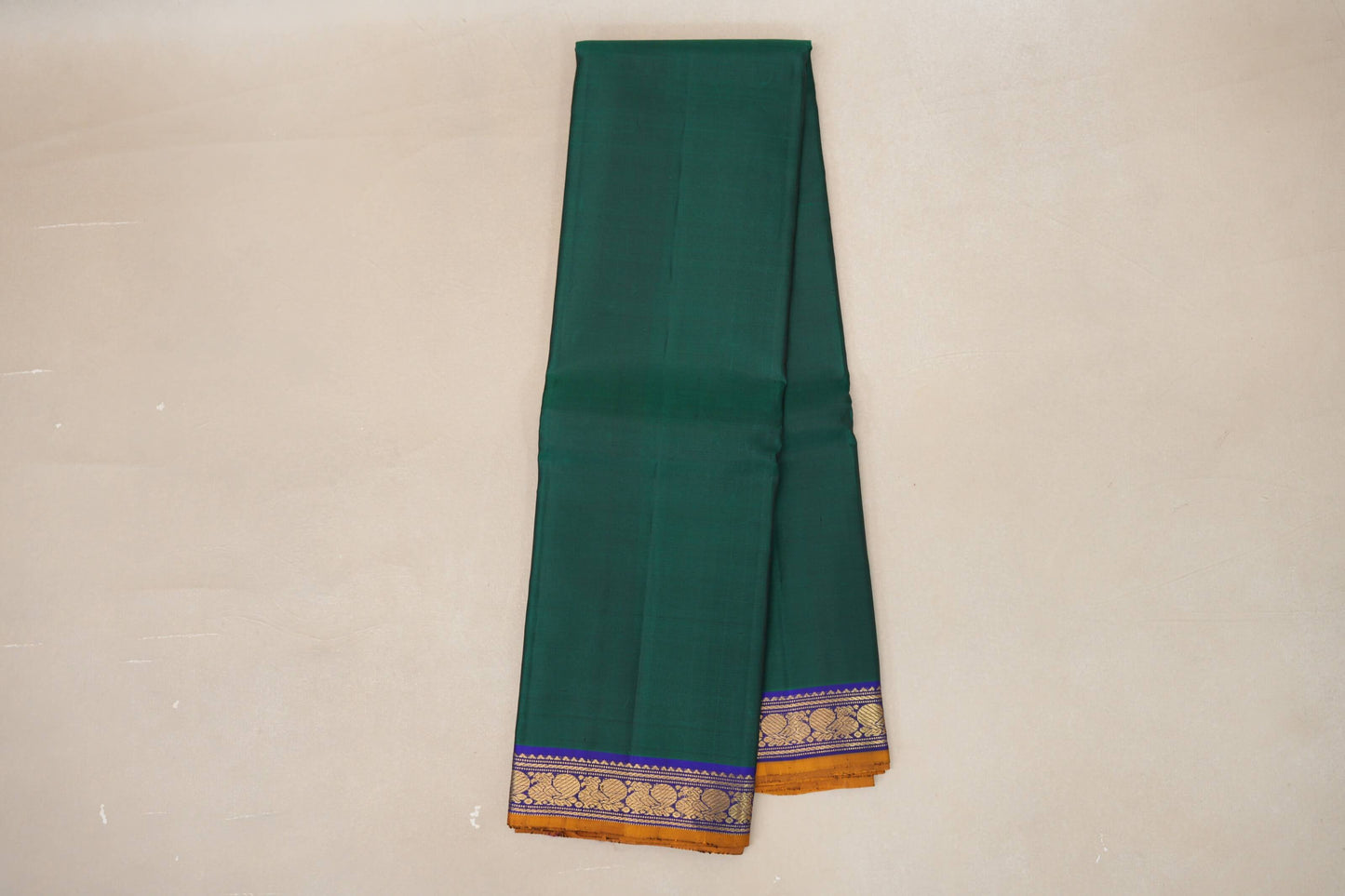 Dark Green with Royal Blue Borders and Mustard Selvedge Vintage Kanjivaram Silk Saree by Shreenivas Silks PSSR018920