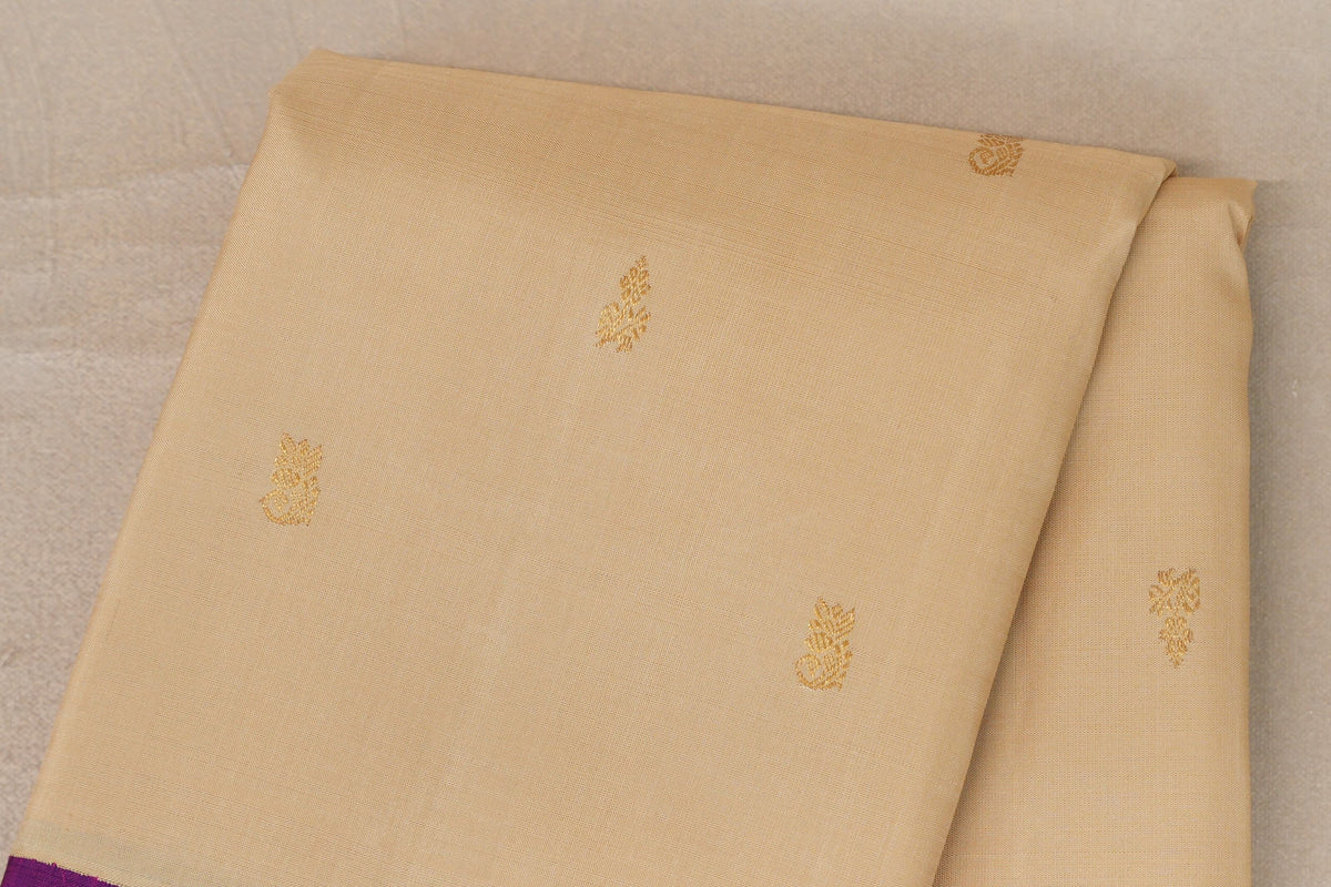Cream Beige with Dual Tone of Magenta and Blue Borders Vintage Kanjivaram Silk Saree by Shreenivas Silks PSSR0110096
