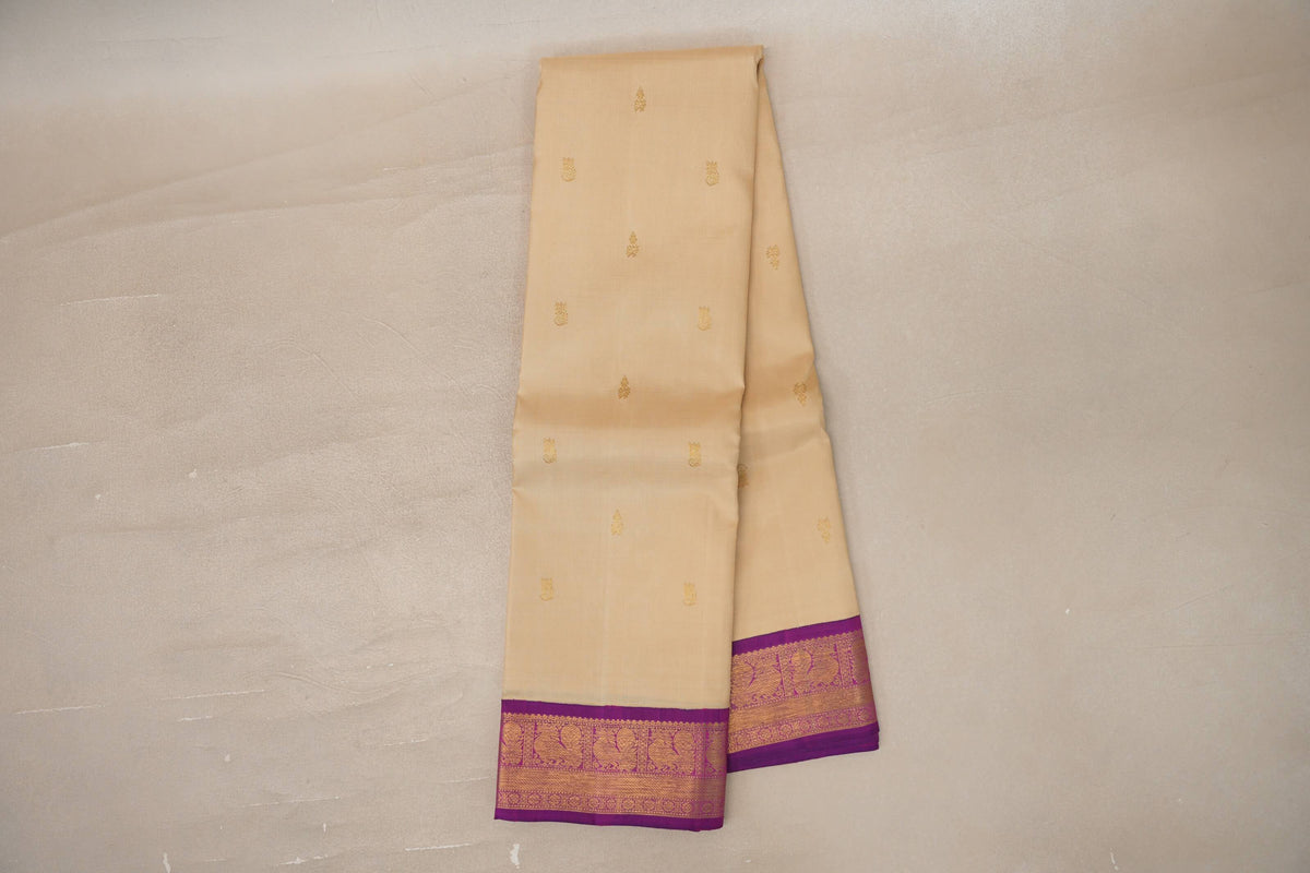 Cream Beige with Dual Tone of Magenta and Blue Borders Vintage Kanjivaram Silk Saree by Shreenivas Silks PSSR0110096