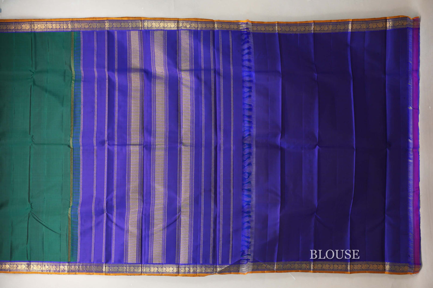 Dark Green with Royal Blue Borders and Mustard Selvedge Vintage Kanjivaram Silk Saree by Shreenivas Silks PSSR018920