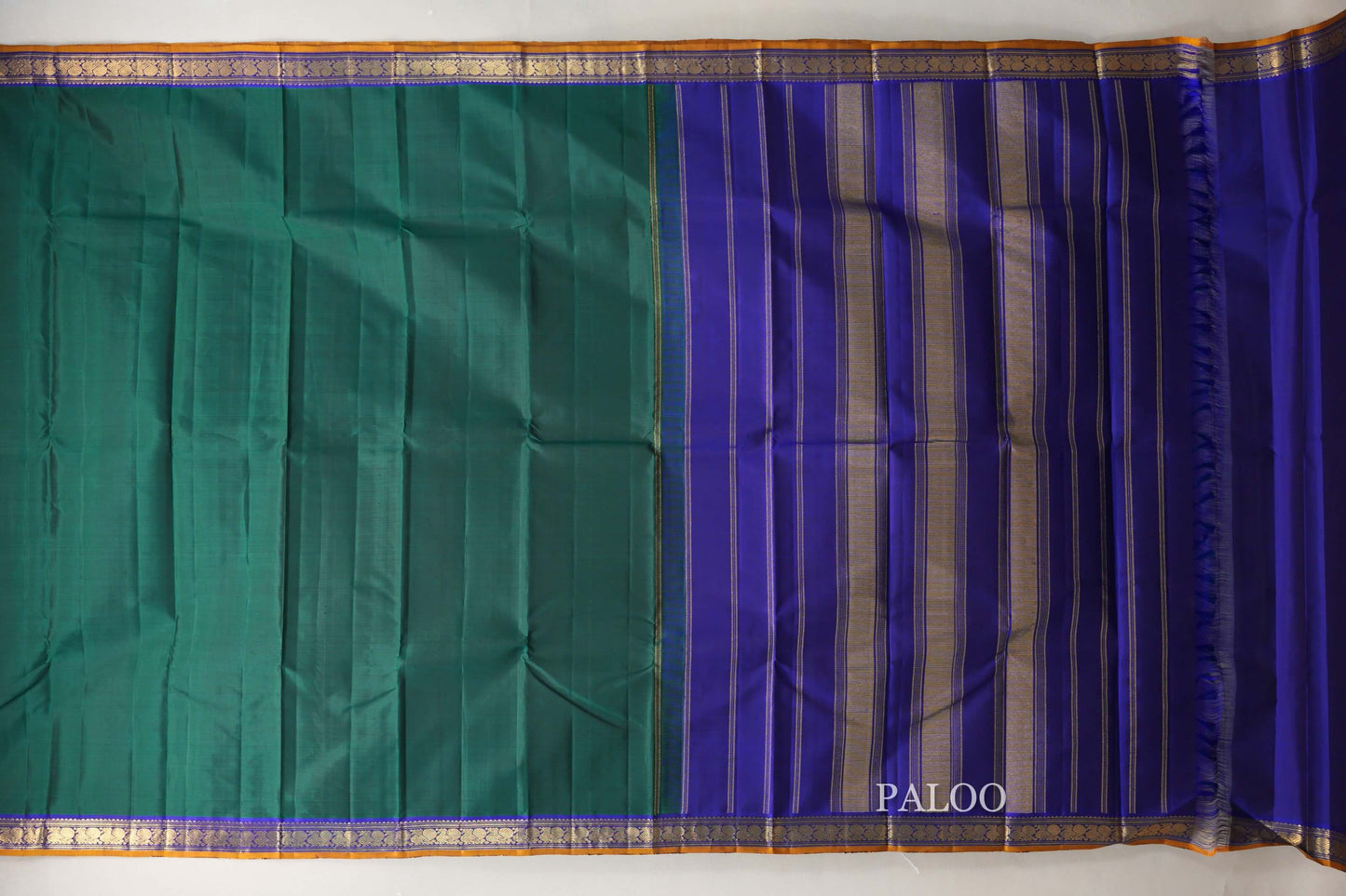 Dark Green with Royal Blue Borders and Mustard Selvedge Vintage Kanjivaram Silk Saree by Shreenivas Silks PSSR018920