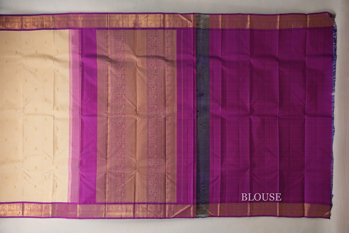Cream Beige with Dual Tone of Magenta and Blue Borders Vintage Kanjivaram Silk Saree by Shreenivas Silks PSSR0110096