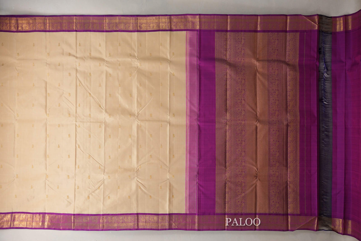 Cream Beige with Dual Tone of Magenta and Blue Borders Vintage Kanjivaram Silk Saree by Shreenivas Silks PSSR0110096