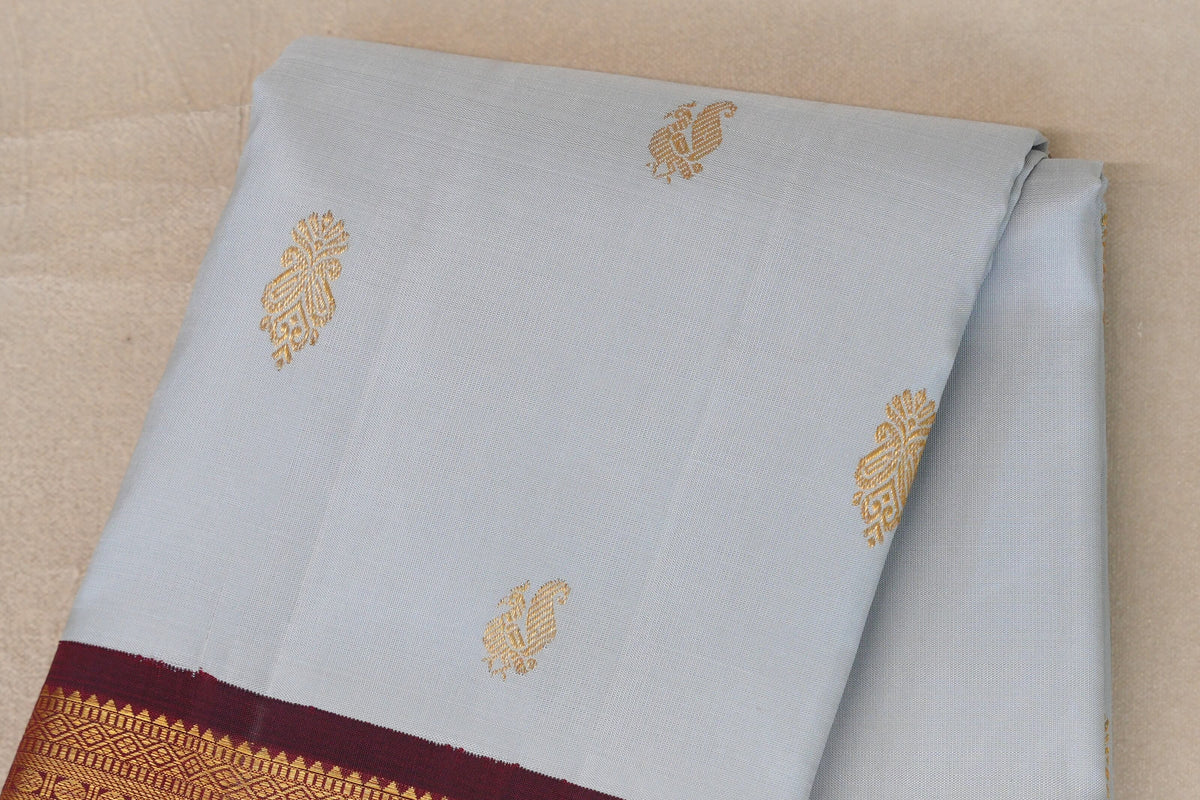 Light Grey Blue with Deep Maroon Borders Vintage Kanjivaram Silk Saree by Shreenivas Silks PSSR0110097