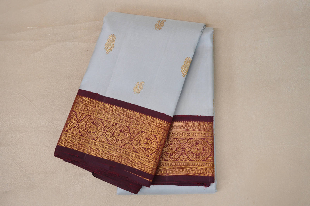 Light Grey Blue with Deep Maroon Borders Vintage Kanjivaram Silk Saree by Shreenivas Silks PSSR0110097