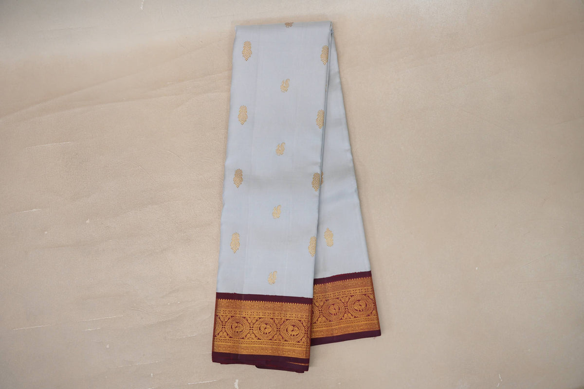 Light Grey Blue with Deep Maroon Borders Vintage Kanjivaram Silk Saree by Shreenivas Silks PSSR0110097