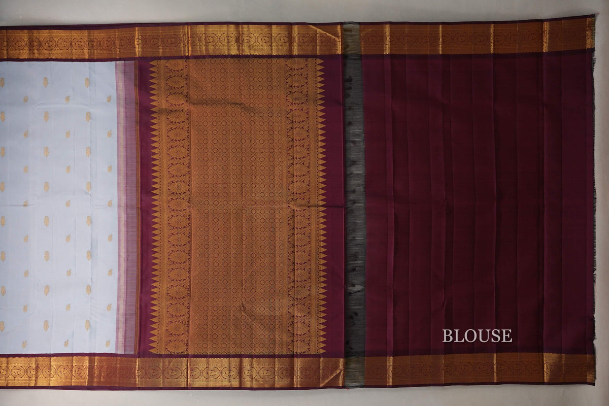 Light Grey Blue with Deep Maroon Borders Vintage Kanjivaram Silk Saree by Shreenivas Silks PSSR0110097
