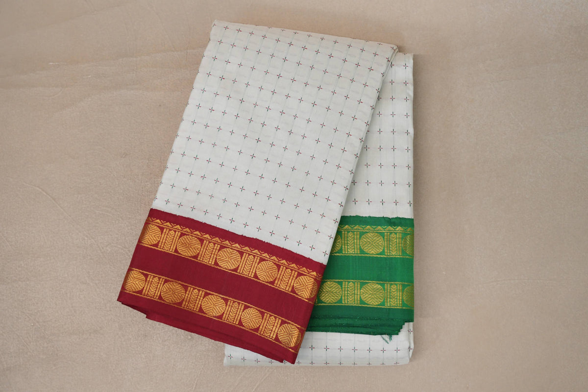 Off White with Reddish Maroon and Emerald Green Borders Vintage Kanjivaram Silk Saree by Shreenivas Silks PSSR0110098