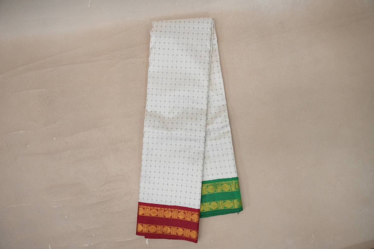Off White with Reddish Maroon and Emerald Green Borders Vintage Kanjivaram Silk Saree by Shreenivas Silks PSSR0110098