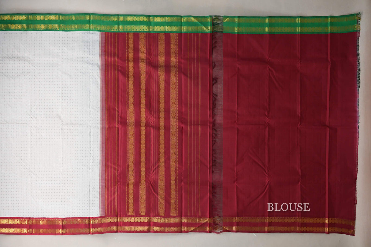 Off White with Reddish Maroon and Emerald Green Borders Vintage Kanjivaram Silk Saree by Shreenivas Silks PSSR0110098
