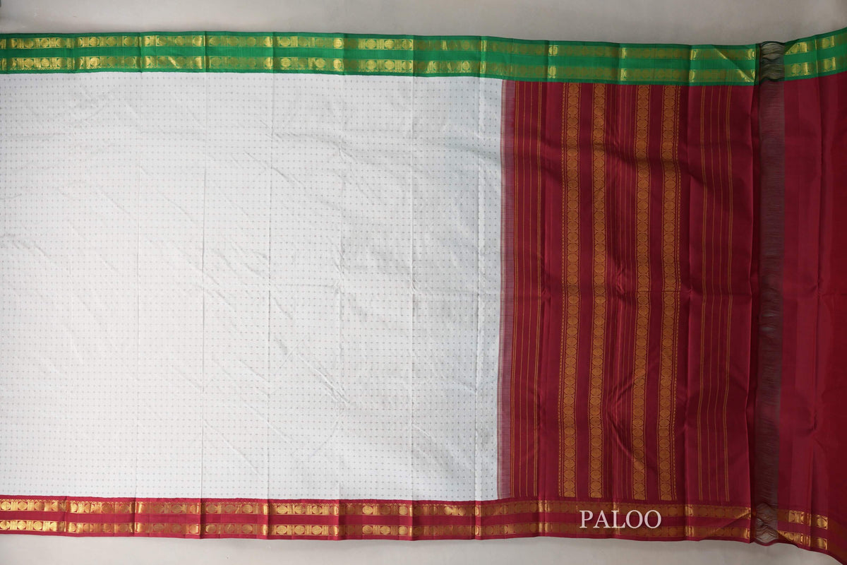 Off White with Reddish Maroon and Emerald Green Borders Vintage Kanjivaram Silk Saree by Shreenivas Silks PSSR0110098