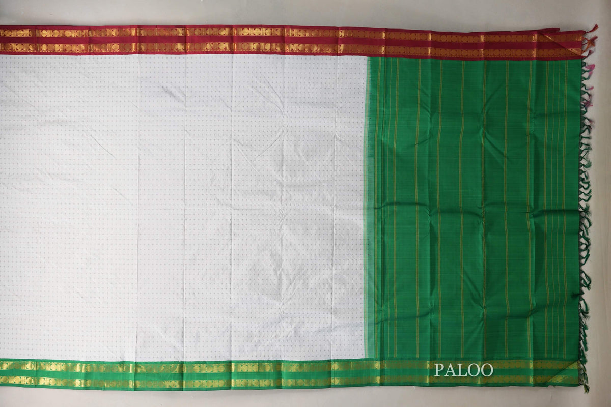 Off White with Reddish Maroon and Emerald Green Borders Vintage Kanjivaram Silk Saree by Shreenivas Silks PSSR0110098