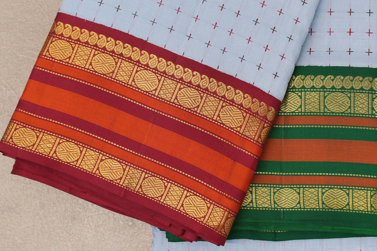 Powder Blue with Reddish Maroon and Emerald Green Borders Vintage Kanjivaram Silk Saree by Shreenivas Silks PSSR0110099