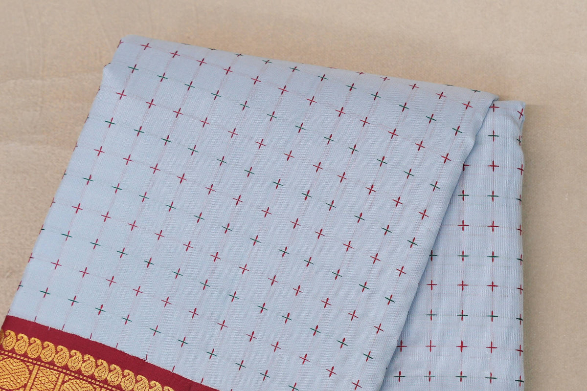 Powder Blue with Reddish Maroon and Emerald Green Borders Vintage Kanjivaram Silk Saree by Shreenivas Silks PSSR0110099