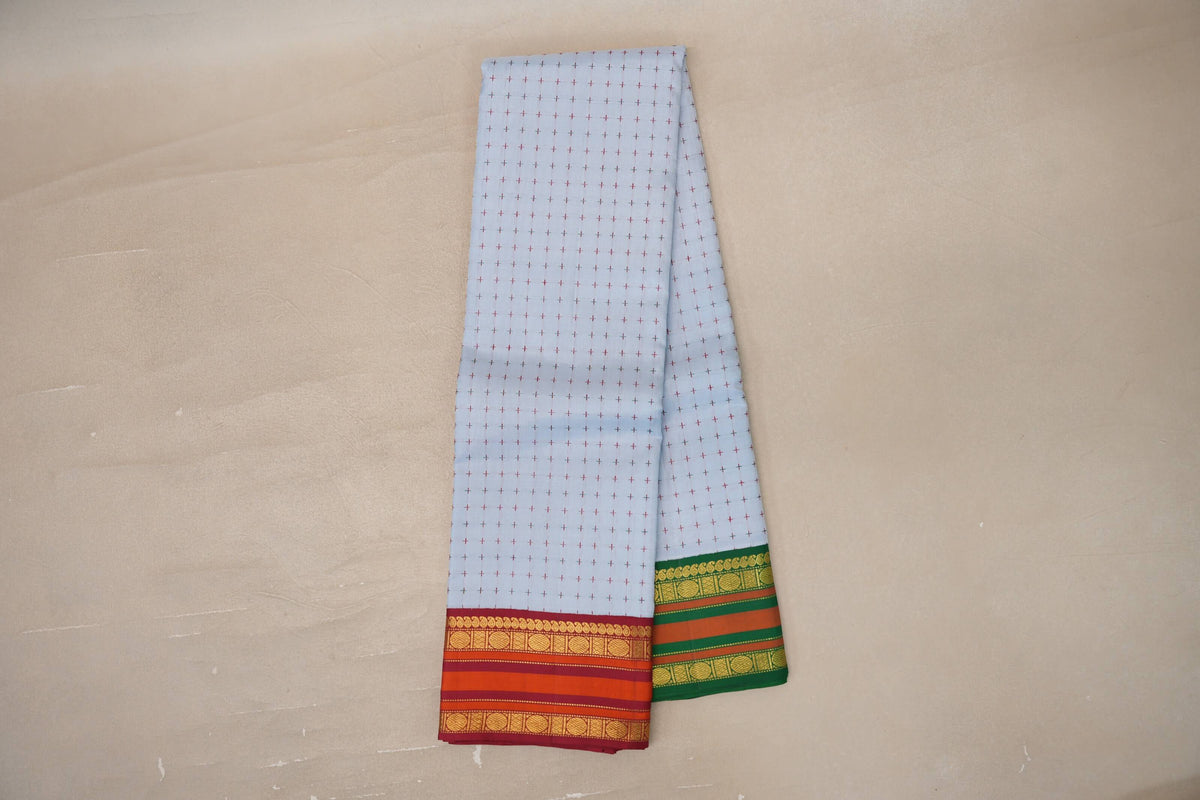 Powder Blue with Reddish Maroon and Emerald Green Borders Vintage Kanjivaram Silk Saree by Shreenivas Silks PSSR0110099