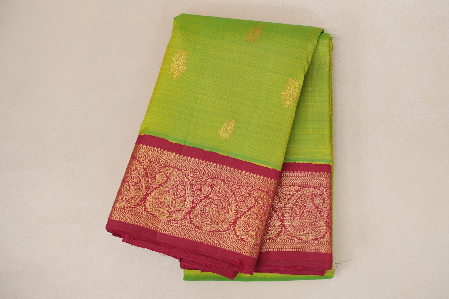 folded Dual Tone Green and Yellow with Deep Red Borders Vintage Kanjivaram Silk Saree
