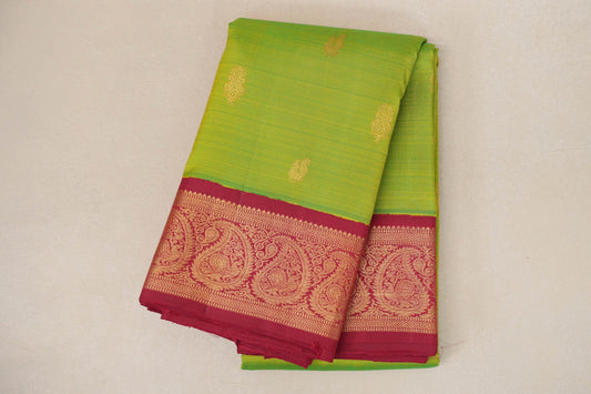 folded Dual Tone Green and Yellow with Deep Red Borders Vintage Kanjivaram Silk Saree