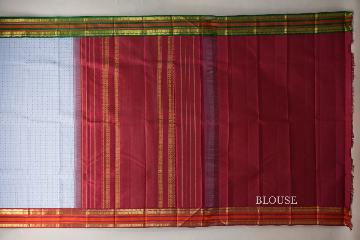 Powder Blue with Reddish Maroon and Emerald Green Borders Vintage Kanjivaram Silk Saree by Shreenivas Silks PSSR0110099