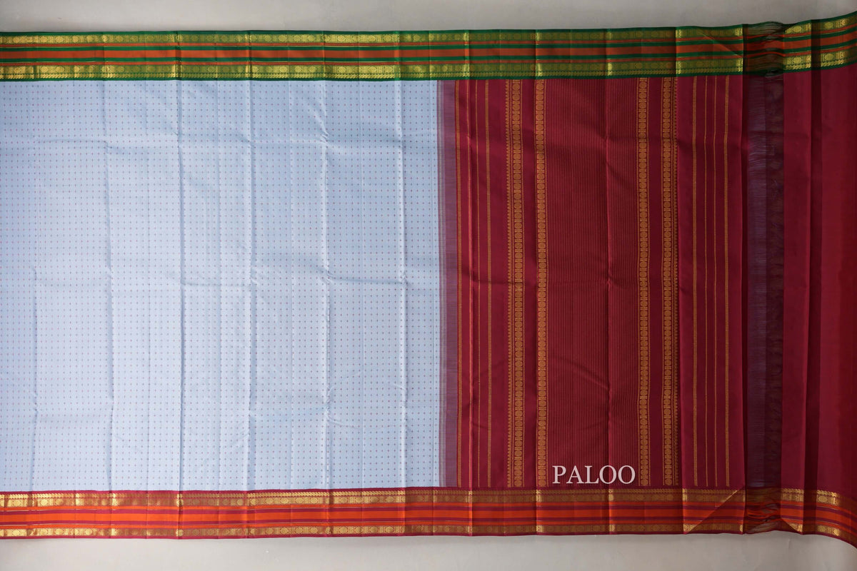 Powder Blue with Reddish Maroon and Emerald Green Borders Vintage Kanjivaram Silk Saree by Shreenivas Silks PSSR0110099