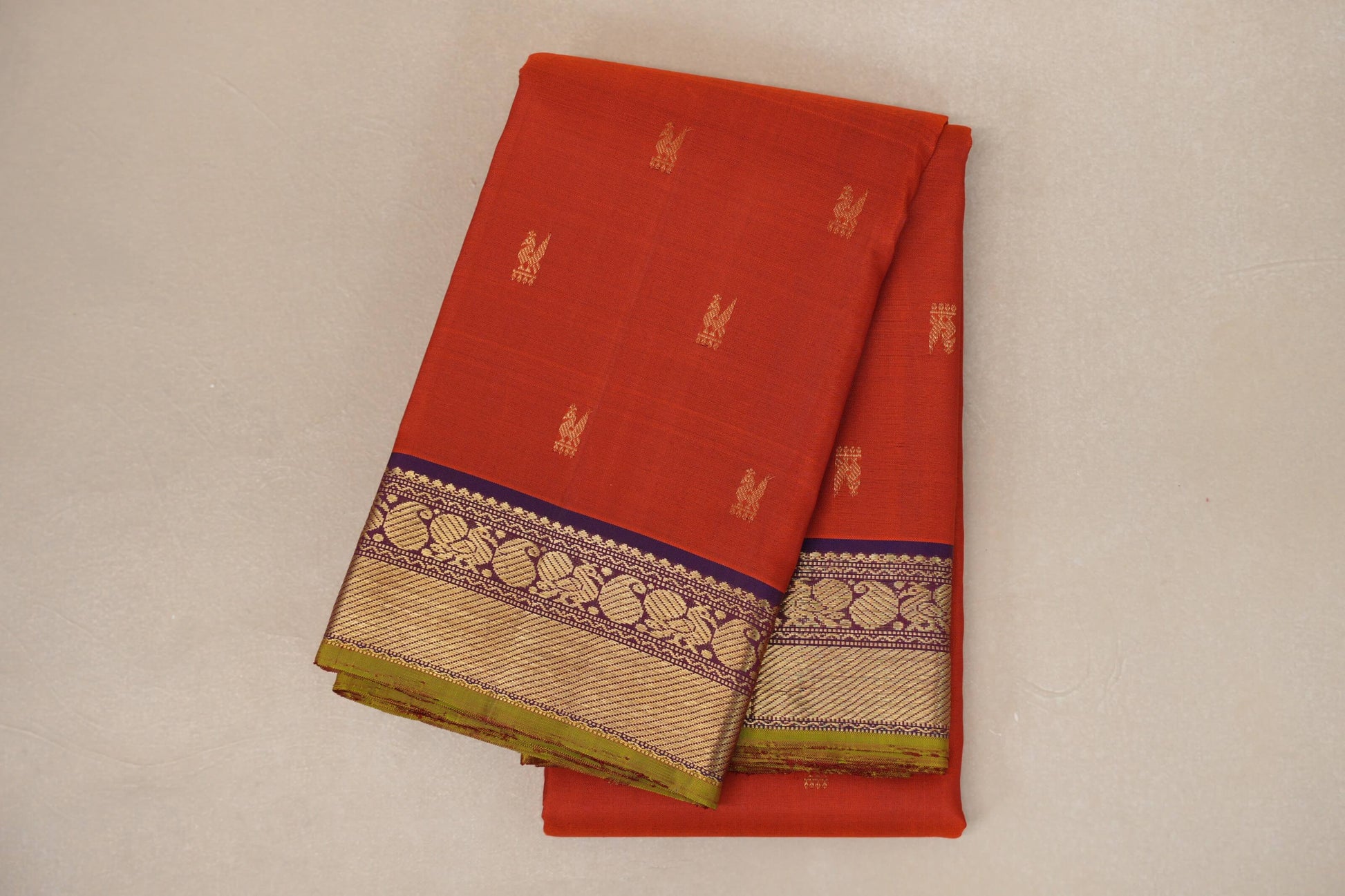 folded Rust Orange Vintage Kanjivaram Silk Saree 