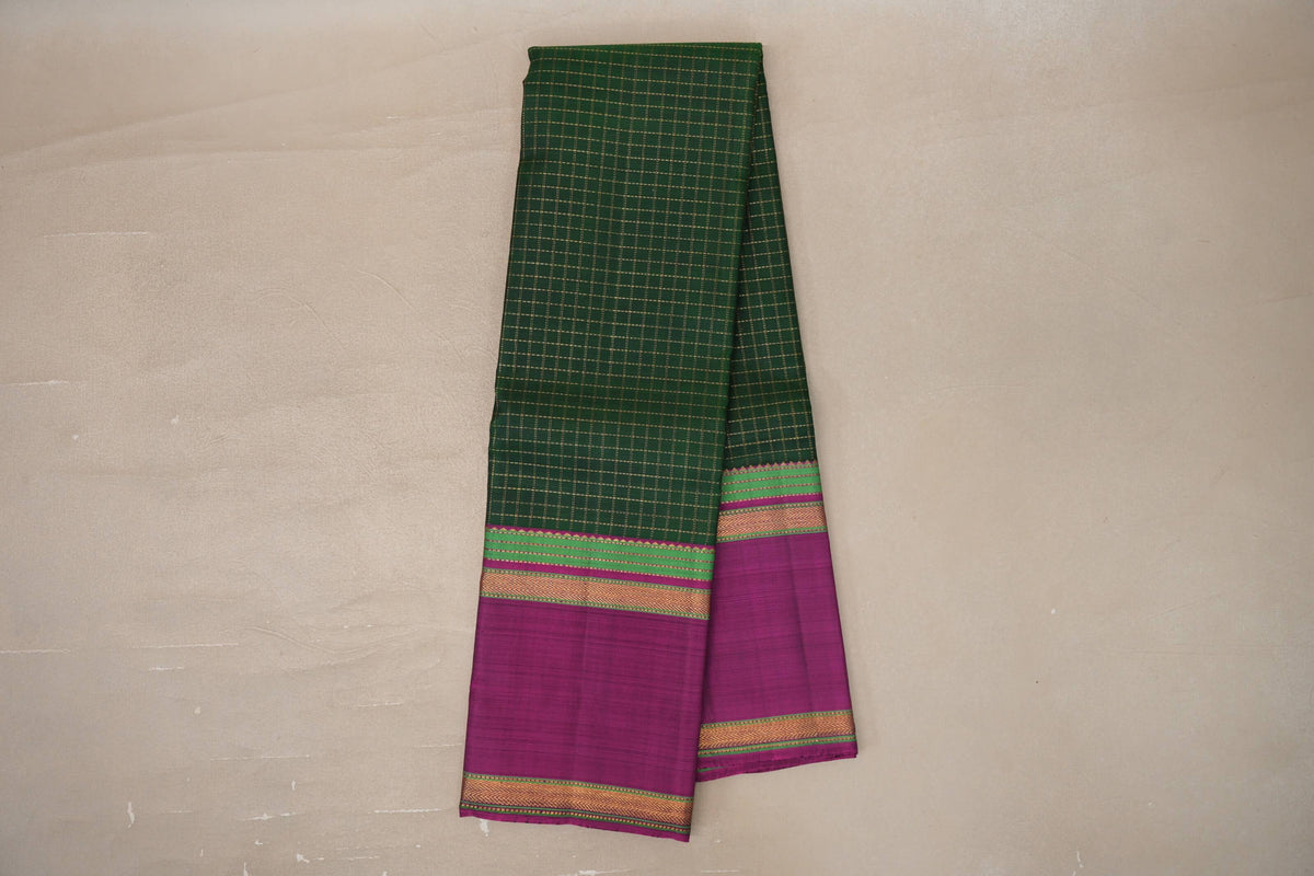 Deep Bottle Green with Deep Magenta Rettai Pettu Borders Vintage Kanjivaram Silk Saree by Shreenivas Silks PSSR0110103