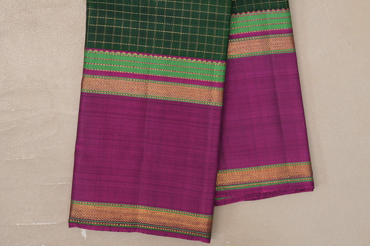Deep Bottle Green with Deep Magenta Rettai Pettu Borders Vintage Kanjivaram Silk Saree by Shreenivas Silks PSSR0110103