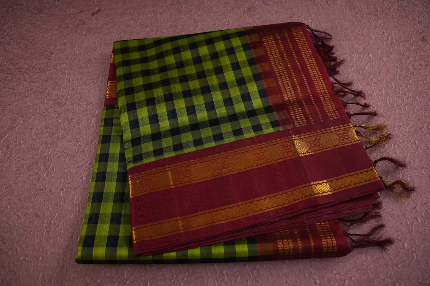 Green with black check silk cotton saree