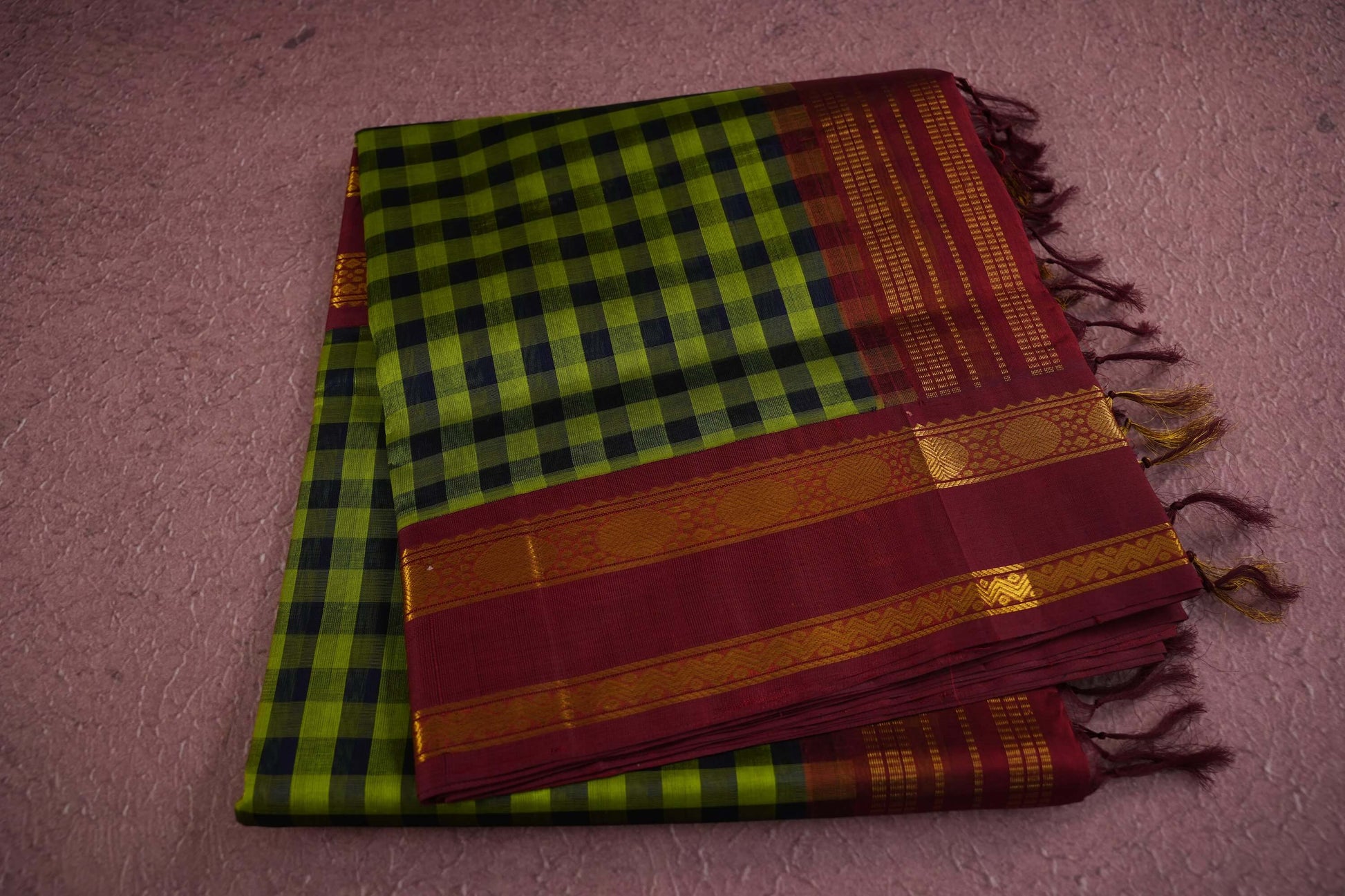 Green with black check silk cotton saree
