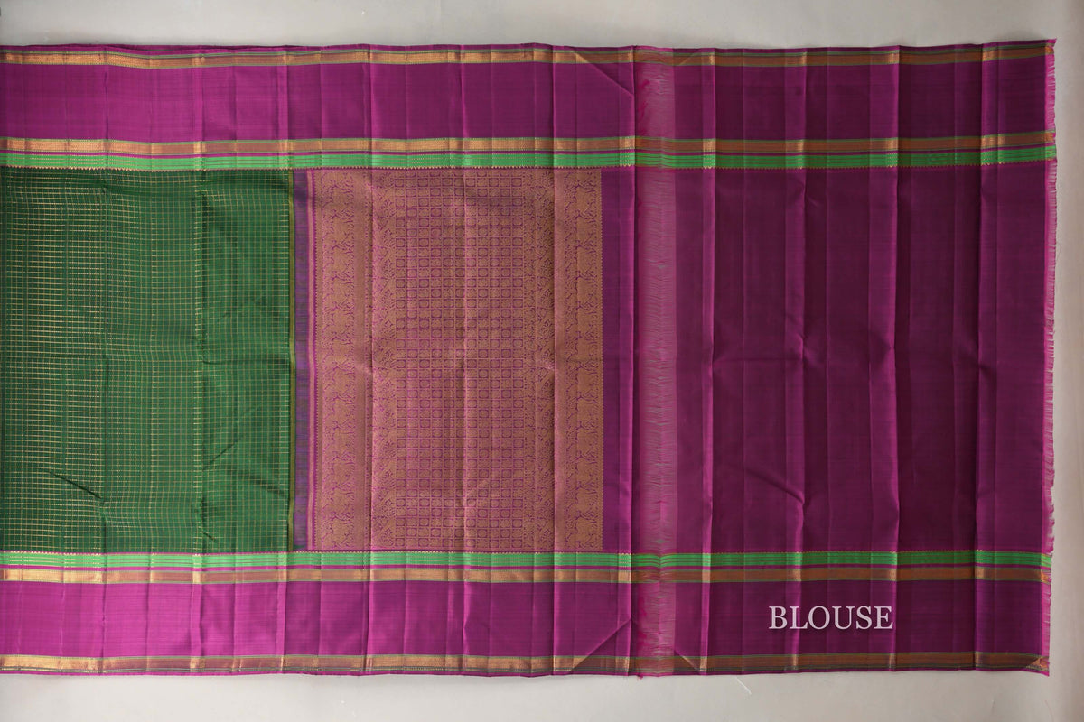 Deep Bottle Green with Deep Magenta Rettai Pettu Borders Vintage Kanjivaram Silk Saree by Shreenivas Silks PSSR0110103