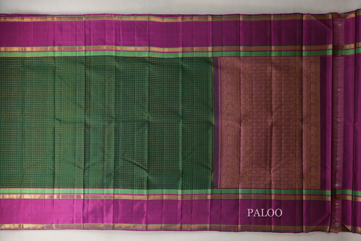 Deep Bottle Green with Deep Magenta Rettai Pettu Borders Vintage Kanjivaram Silk Saree by Shreenivas Silks PSSR0110103