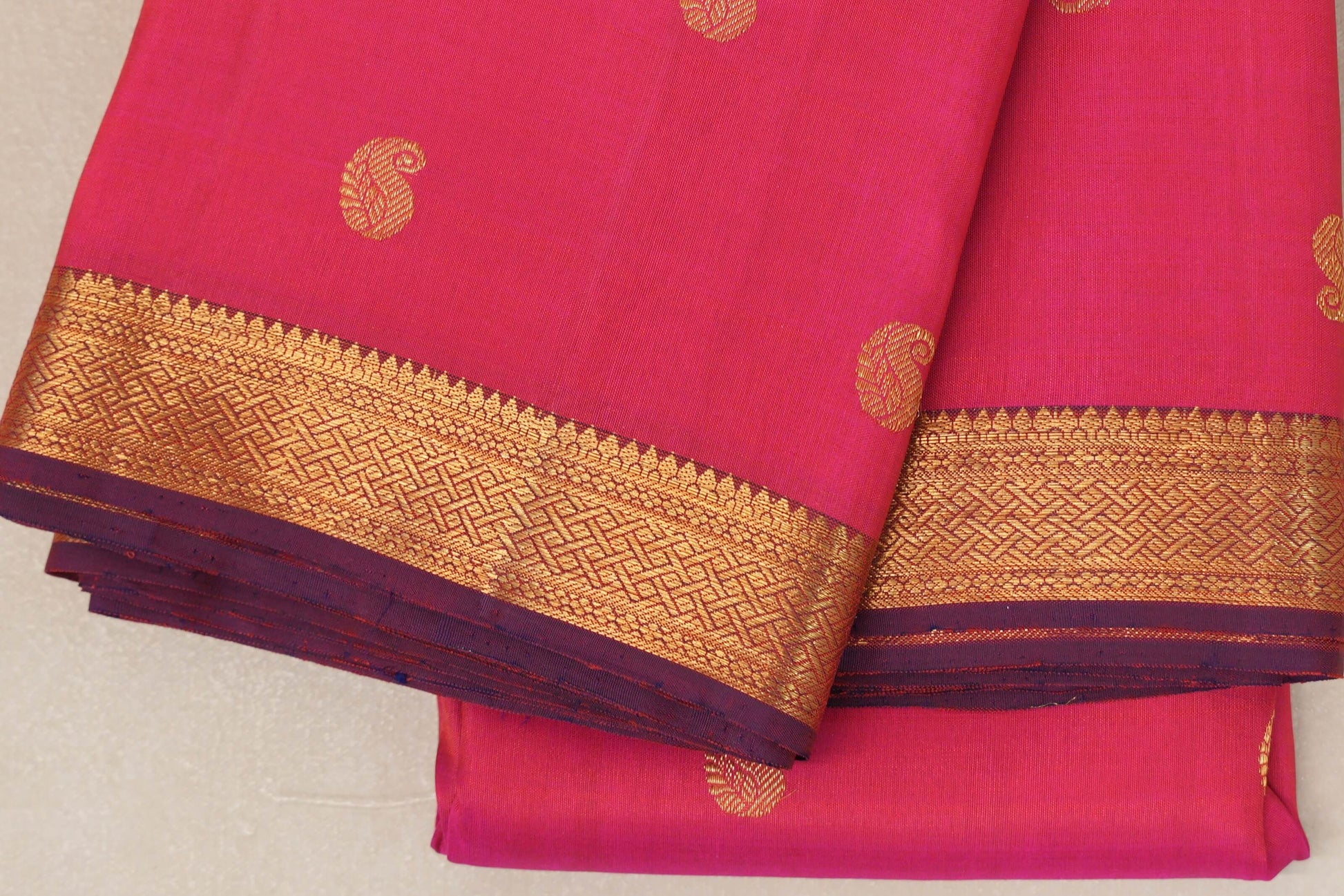 Rani Pink with Blue Selvedge Plant Based Kanjivaram Silk Saree  border zoom