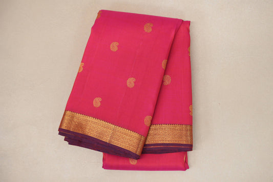 folded Rani Pink with Blue Selvedge Plant Based Kanjivaram Silk Saree 