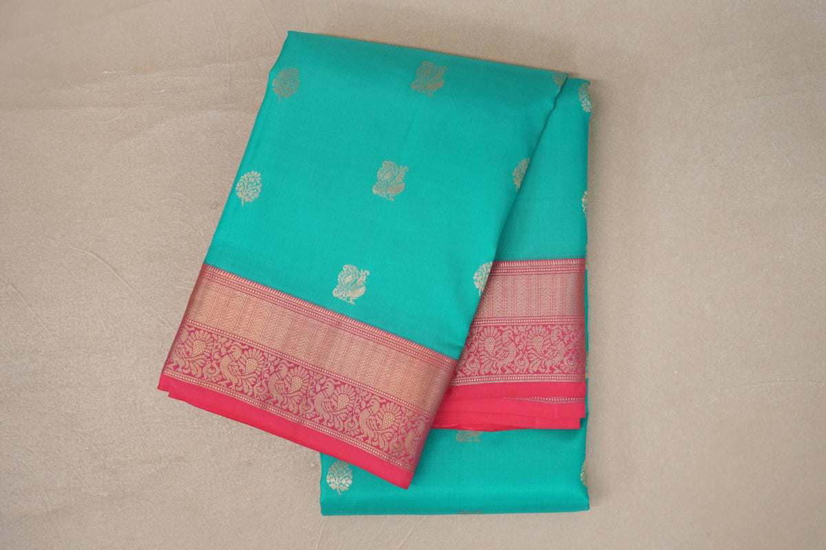 Aqua Green with Bright Pink Borders Soft Silk Saree by Shreenivas Silks PSSR0110105