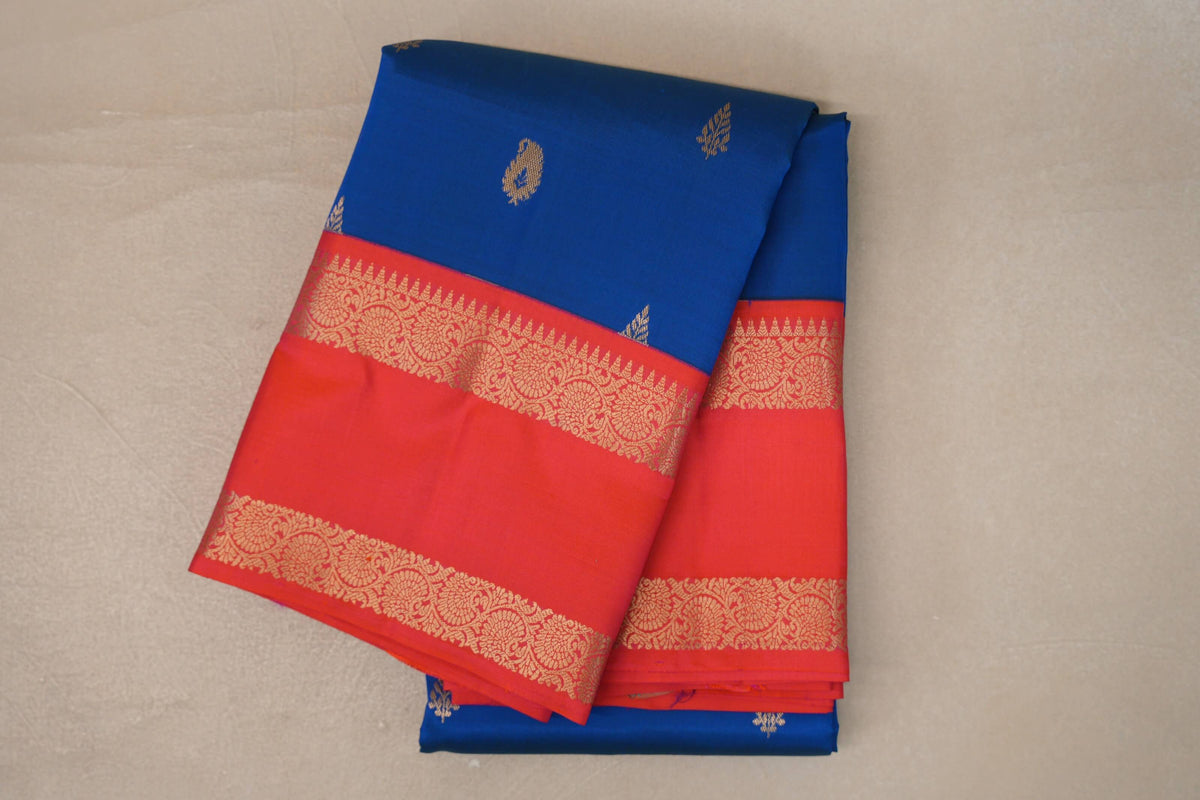 Peacock Blue with Dual Tone of Orange and Pink Borders Soft Silk Saree by Shreenivas Silks PSSR0110106