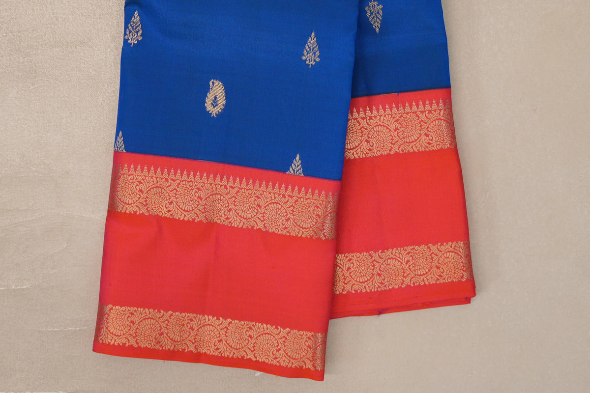 Peacock Blue with Dual Tone of Orange and Pink Borders Soft Silk Saree by Shreenivas Silks PSSR0110106