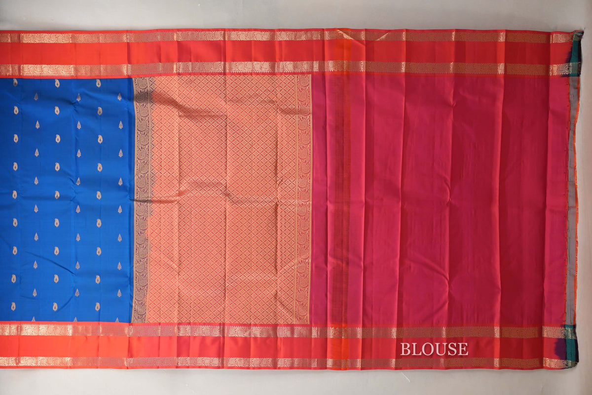 Peacock Blue with Dual Tone of Orange and Pink Borders Soft Silk Saree by Shreenivas Silks PSSR0110106