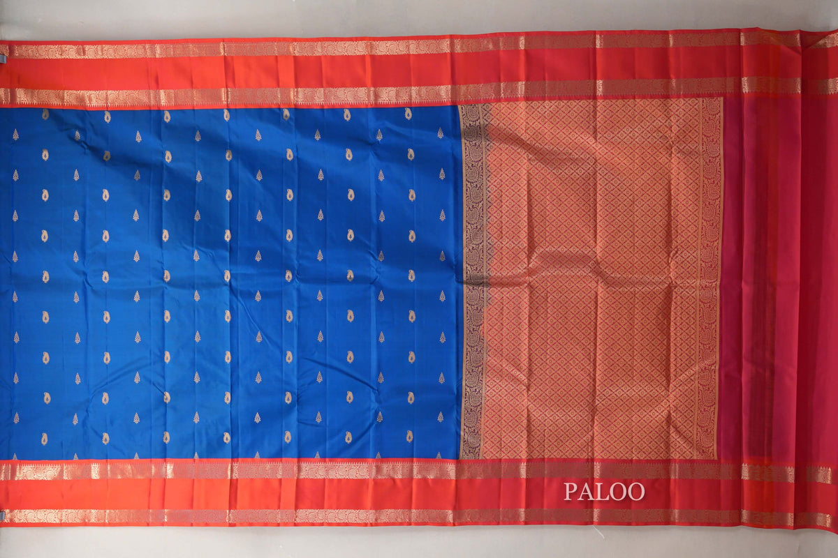 Peacock Blue with Dual Tone of Orange and Pink Borders Soft Silk Saree by Shreenivas Silks PSSR0110106