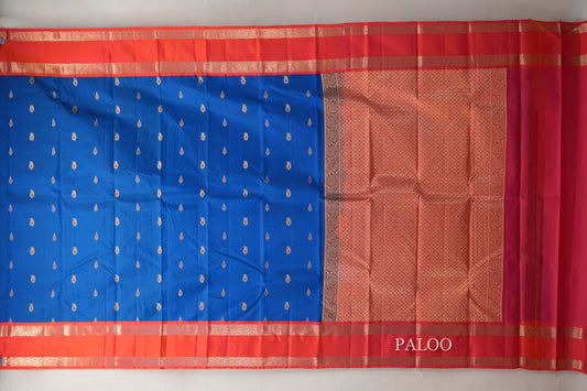 Peacock Blue with Dual Tone of Orange and Pink Borders Soft Silk Saree by Shreenivas Silks PSSR0110106
