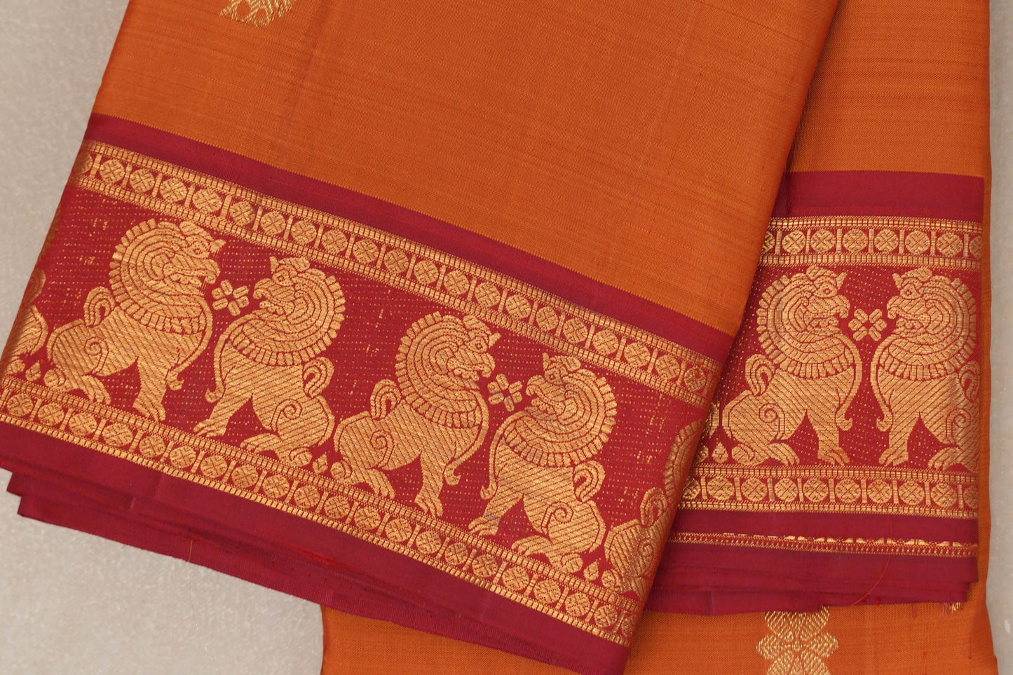 Bright Mango Orange Vintage Kanjivaram Silk Saree by Shreenivas Silks border
