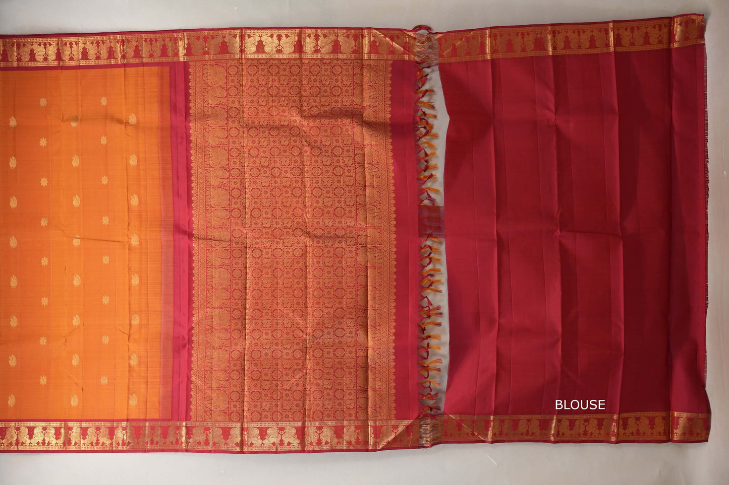 Bright Mango Orange Vintage Kanjivaram Silk Saree by Shreenivas Silks blouse