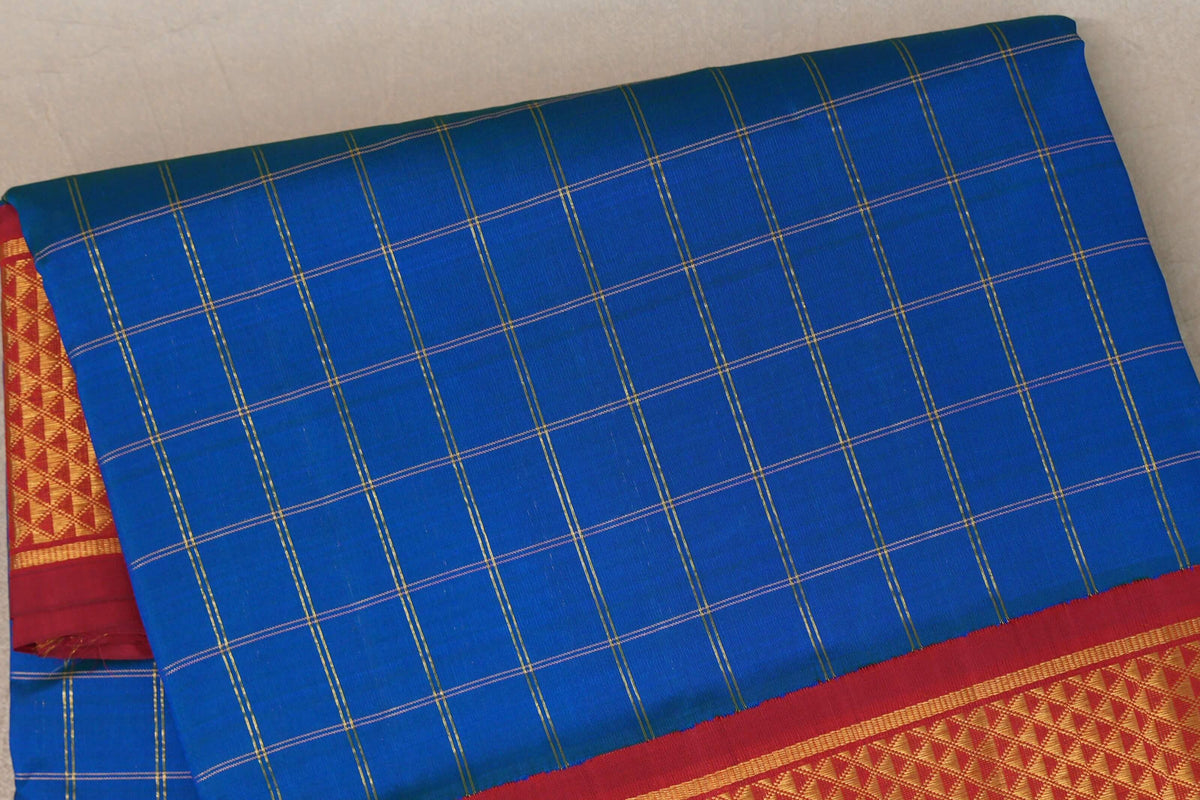 Peacock Blue with Deep Maroon Borders Ten Yards Silk Saree by Shreenivas Silks PSSR0110116