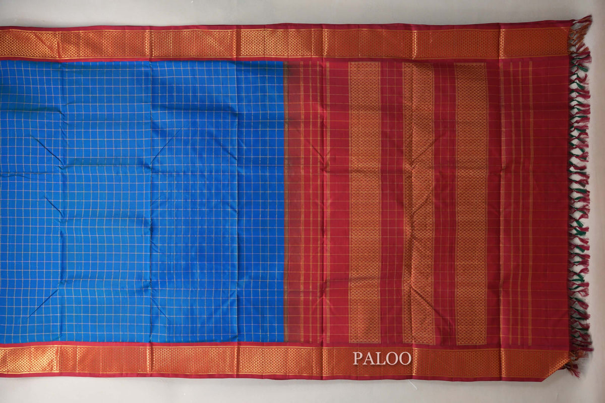 Peacock Blue with Deep Maroon Borders Ten Yards Silk Saree by Shreenivas Silks PSSR0110116