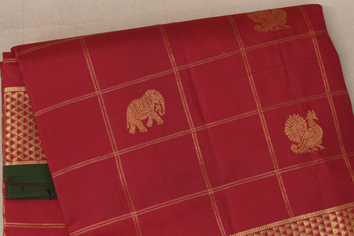 Deep Red with Deep Bottle Green Selvedge Ten Yards Silk Saree by Shreenivas Silks PSSR0110117